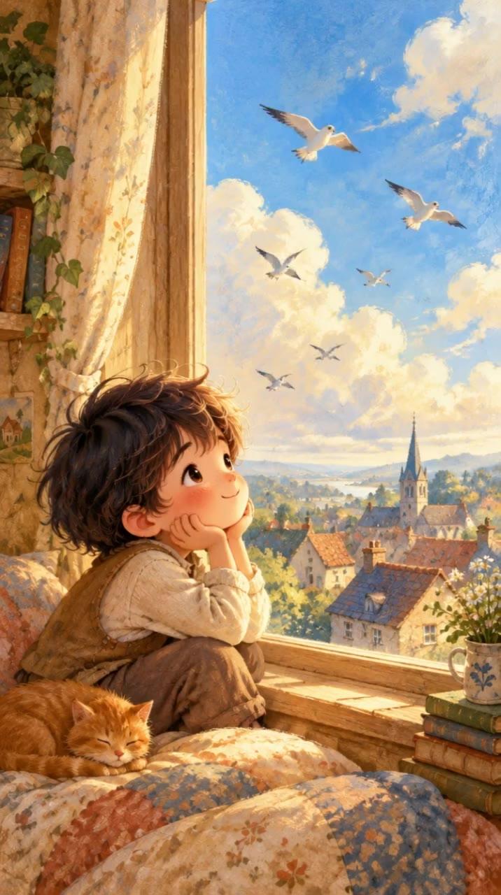 Martínek sedí u okna a sleduje ptáčky na obloze
