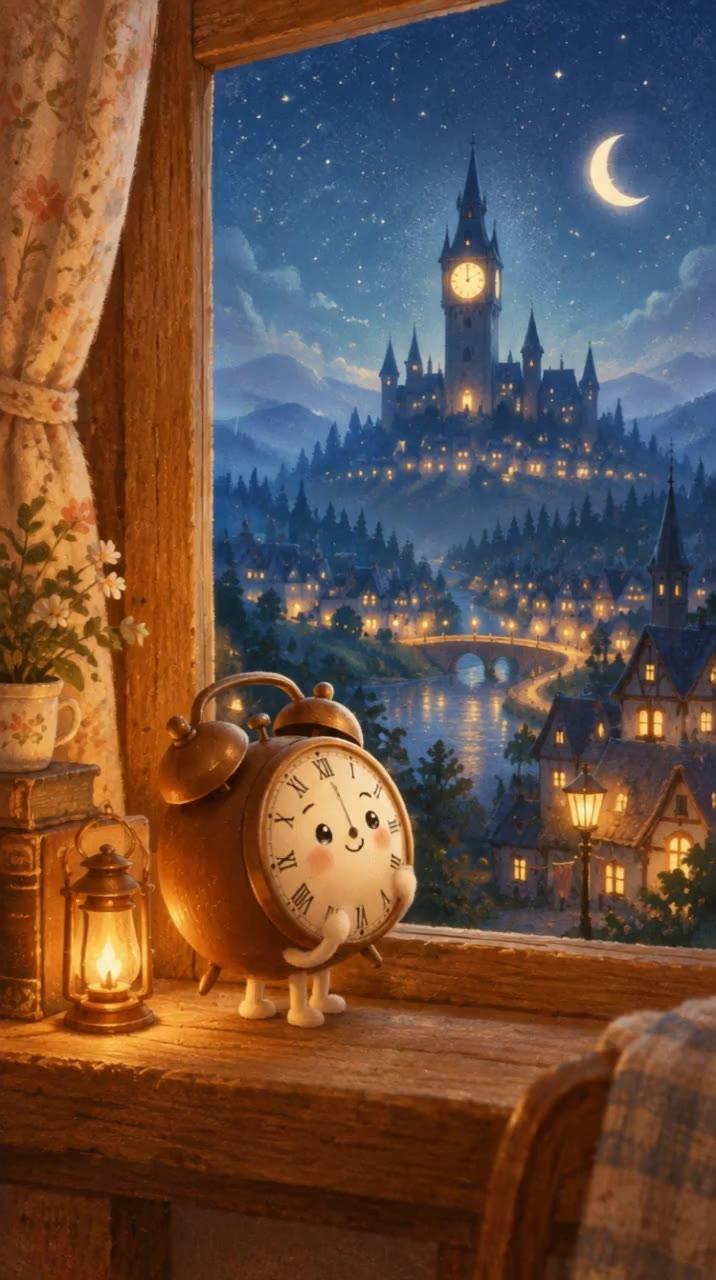Malá hodinka Tiky se dívá z okna na noční Časoměsto
