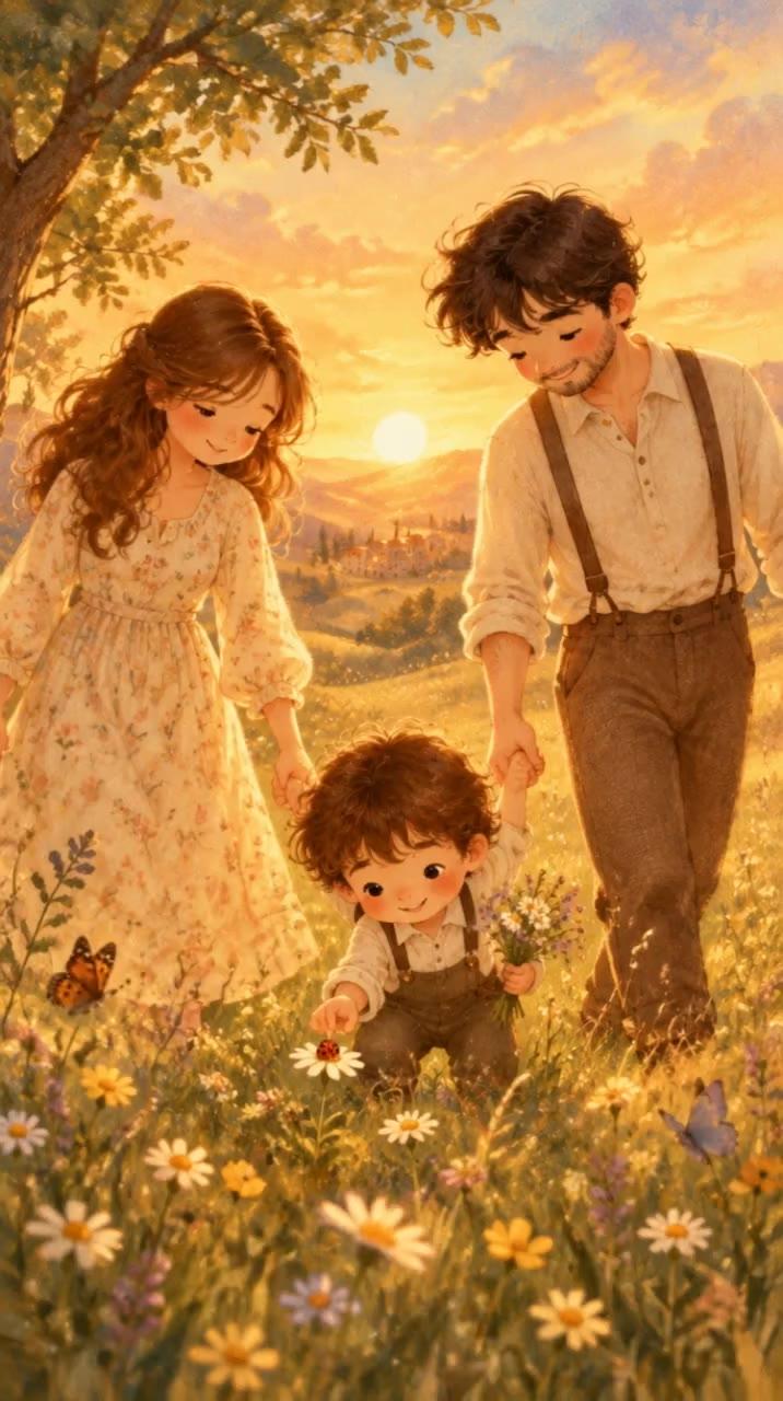 Maminka, tatínek a Martínek se drží za ruce na louce plné kytiček