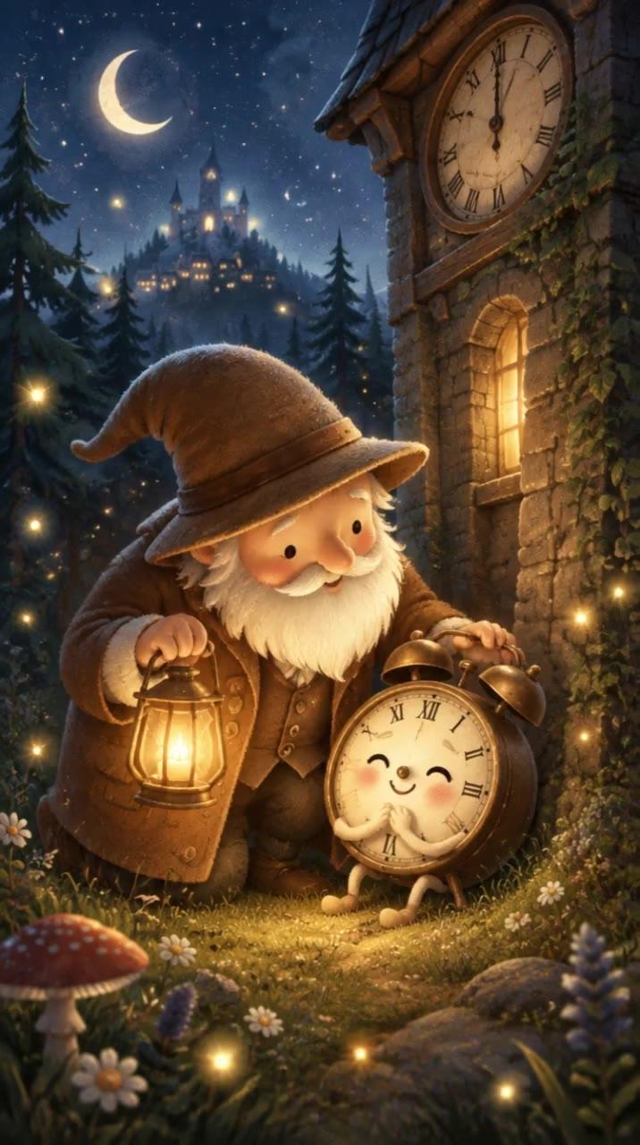 Velký hodinář s lucernou konejší malou hodinku Tiky u věže
